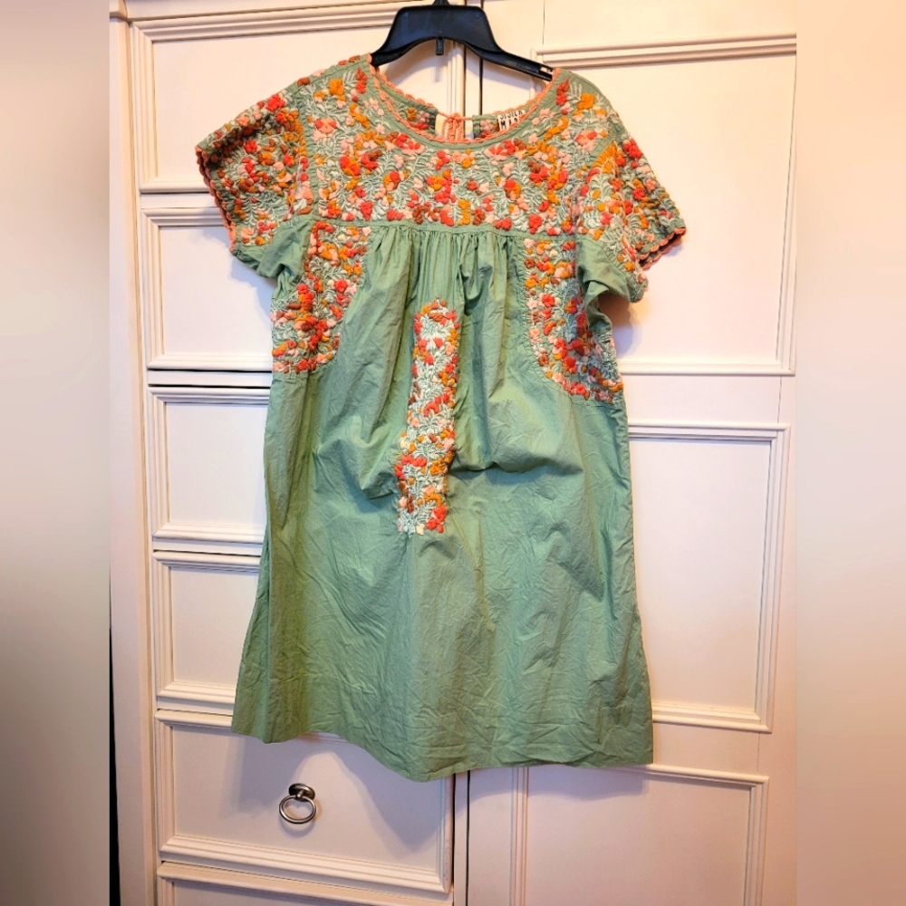 Green Embroidered Mini Dress with Floral Accents